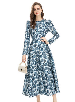 Women Long Sleeve Floral Printing Maxi Dresses