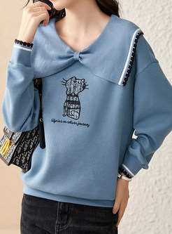 Scoop Neck Knot Front Embroidered Ladies Sweatshirts
