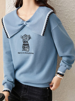 Scoop Neck Knot Front Embroidered Ladies Sweatshirts