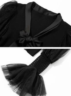 Women's Bow Tie Neck Long Sleeve Knit Tops