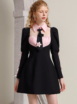 Fantasy Turn-Down Collar Color Contrast Bowknot Little Black Dresses