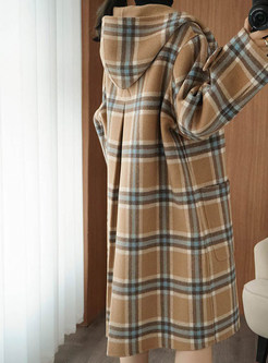Women's Elegant Plaid Hooded Single-Breasted Wool Blend OverCoats