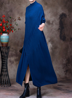 Mock Neck Solid Color Irregular Long Plus Size Dresses