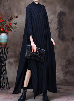 Mock Neck Batwing Sleeve Solid Knitted Plus Size Dresses