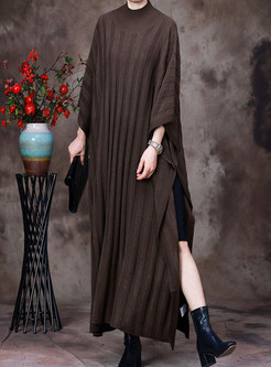 Mock Neck Batwing Sleeve Solid Knitted Plus Size Dresses
