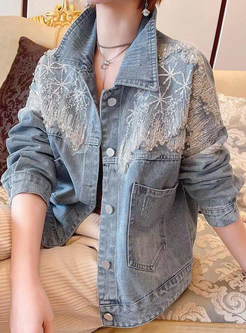 Fashion Turn-Down Collar Water Soluble Lace Womens Denim Jackets