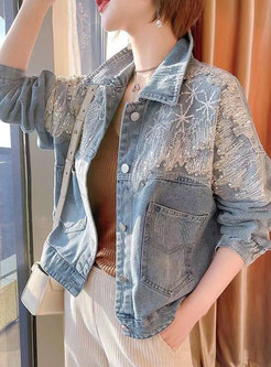 Fashion Turn-Down Collar Water Soluble Lace Womens Denim Jackets