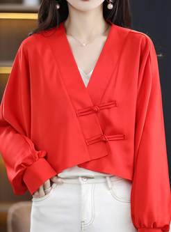 Vintage Single-Breasted Batwing Sleeve Cropped Blouses For Women