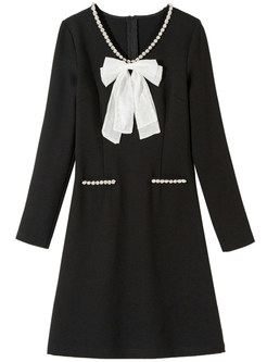 V-Neck Bow-Embellished Long Sleeve Little Black Dresses