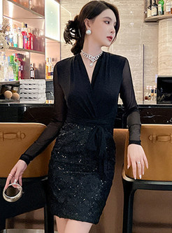 V-Neck Sexy Sequined Solid Sheath Dresses
