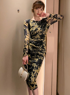 Crew Neck Allover Print Fitted Pencil Dresses