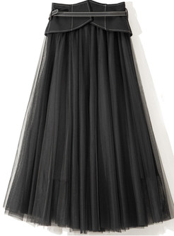 Exclusive Mesh Patch Solid Women Maxi Skirts With Belt