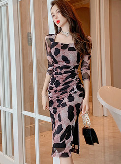 Square Neck Fitted Leopard Print Pencil Dresses