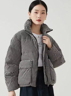 High Neck Houndstooth Fluffy Cropped Womens Down Coats