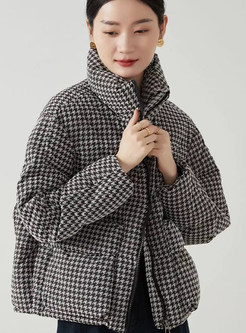 High Neck Houndstooth Fluffy Cropped Womens Down Coats