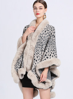 Fur-Trimmed Leopard Print Women Ponchos