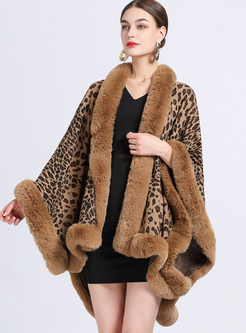 Fur-Trimmed Leopard Print Women Ponchos