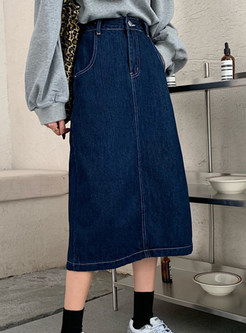 Solid Casual Denim Midi Skirts For Women
