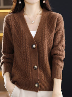 Women V-Neck Single-Breasted Cable Knit Open Front Knitted