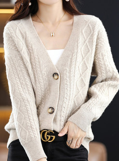Women V-Neck Single-Breasted Cable Knit Open Front Knitted