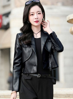 Large Lapels PU Solid Cropped Women's Leather Blazer