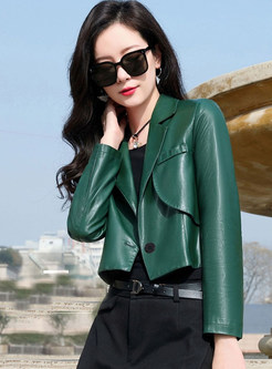 Large Lapels PU Solid Cropped Women's Leather Blazer