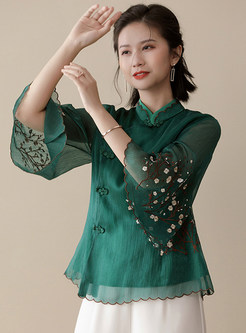 Pretty 3/4 Sleeve Embroidered Dressy Tops For Women