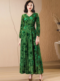 V-Neck Drape Premium-Fabric Jacquard Maxi Dresses