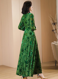V-Neck Drape Premium-Fabric Jacquard Maxi Dresses