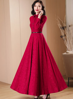Turn-Down Collar Swing Half Snap Knitted Long Dresses With Belt