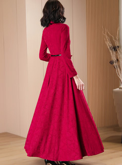 Turn-Down Collar Swing Half Snap Knitted Long Dresses With Belt