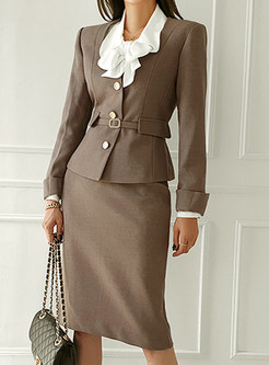 Commuter Fitted Single-Breasted Office Skirt Suits For Women