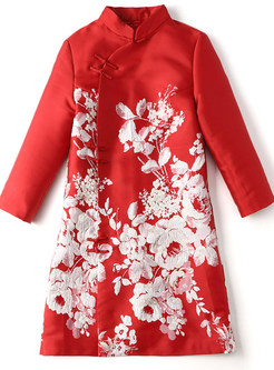 Mock Neck 3/4 Sleeve Jacquard Short Cheongsam Dresses