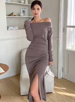 Glamorous Off-The-Shoulder Long Sleeve Side Slit Peplum Dresses