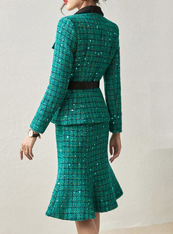 Elegant Lapel Contrasting Tweed Peplum Skirt Suits For Women