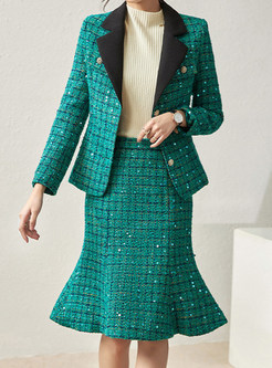 Elegant Lapel Contrasting Tweed Peplum Skirt Suits For Women