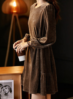 Vintage Blouson Sleeve Corduroy Short Dresses