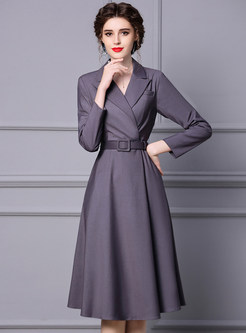 Minimalist Large Lapels Solid Color A-Line Dresses With Belt