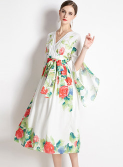 V-Neck Flare Sleeve Floral Print Midi Dresses
