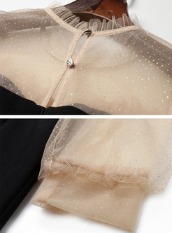 Crewneck Mesh Splicing Diamante Embellishment Skater Dresses