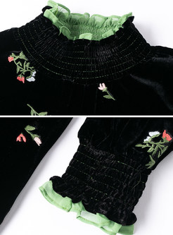 Vintage Mock Neck Embroidered Velvet Midi Dresses
