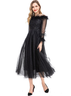 Romance Off-The-Shoulder Fur-Trimmed Mesh Gown For Women