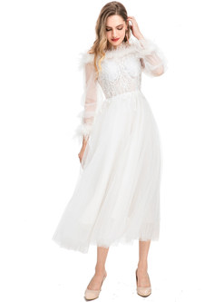 Romance Off-The-Shoulder Fur-Trimmed Mesh Gown For Women
