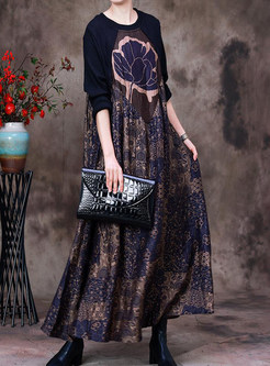 Vintage Knitted Patch Printed Slouchy Long Dresses