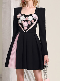 Fashion Square Neck Floral Embellished Little Black Dresses