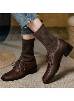 Women's Chic Lace-Up Fastening Knitted Patch Bootie