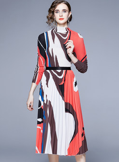 Mock Neck Pleated All Over Print Skirt Suits