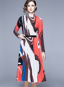 Mock Neck Pleated All Over Print Skirt Suits