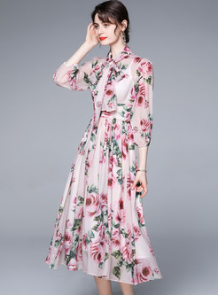 Front Tie 3/4 Sleeve Floral Print Swing Midi Dresses