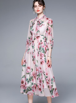 Front Tie 3/4 Sleeve Floral Print Swing Midi Dresses